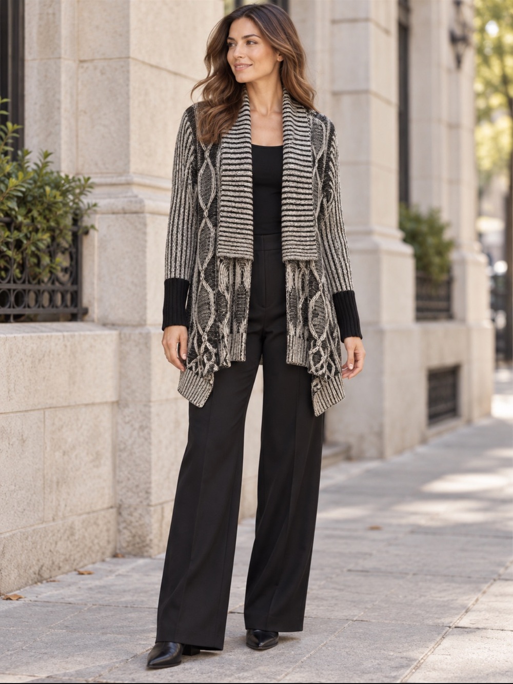 Max Studio Alpaca Lambswool Cable Knit Cardigan Medium Black Ivory Shawl Collar